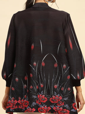 Black Floral Poly Blend Oversized Shirt
