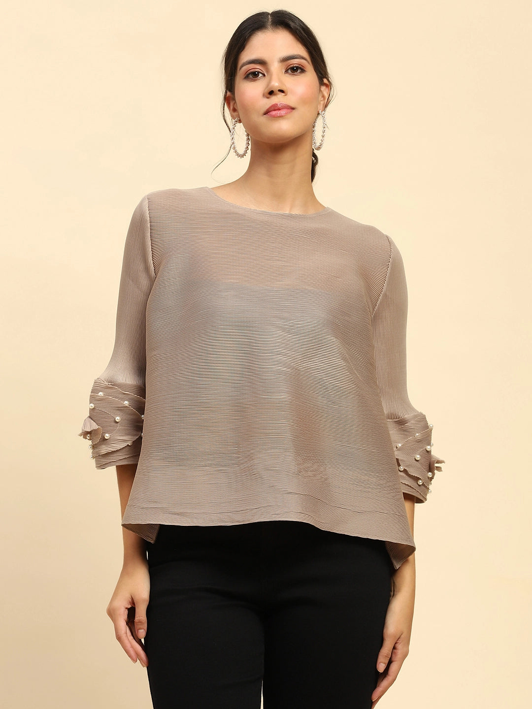 Beige Solid Loose Fit Pleated Blouse - Global Republic