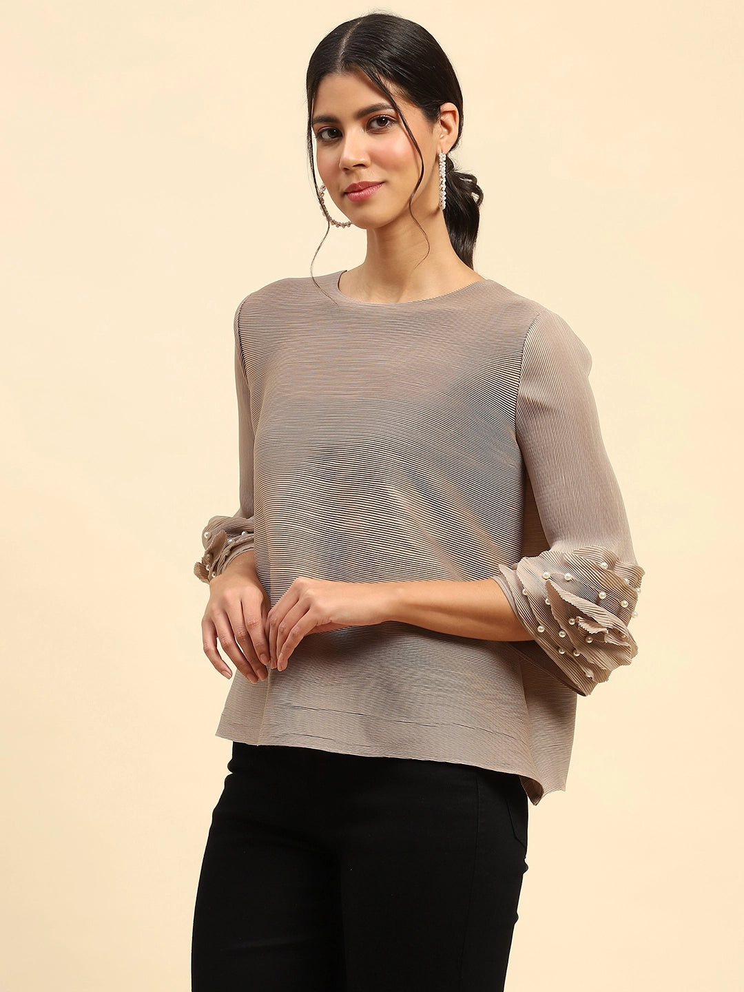 Beige Solid Loose Fit Pleated Blouse - Global Republic