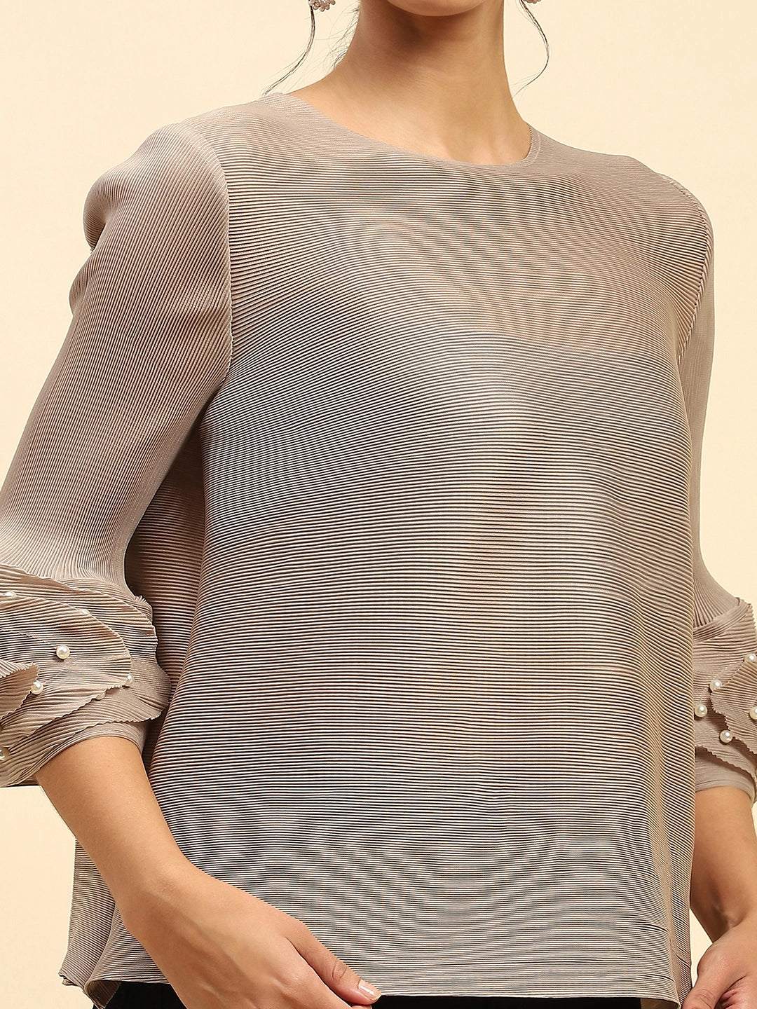 Beige Solid Loose Fit Pleated Blouse - Global Republic