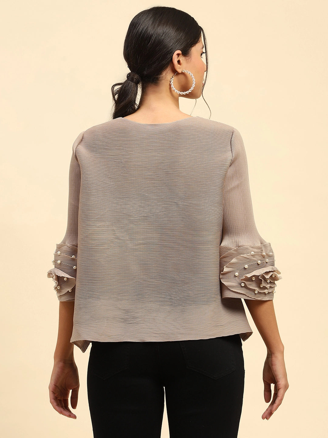 Beige Solid Loose Fit Pleated Blouse - Global Republic