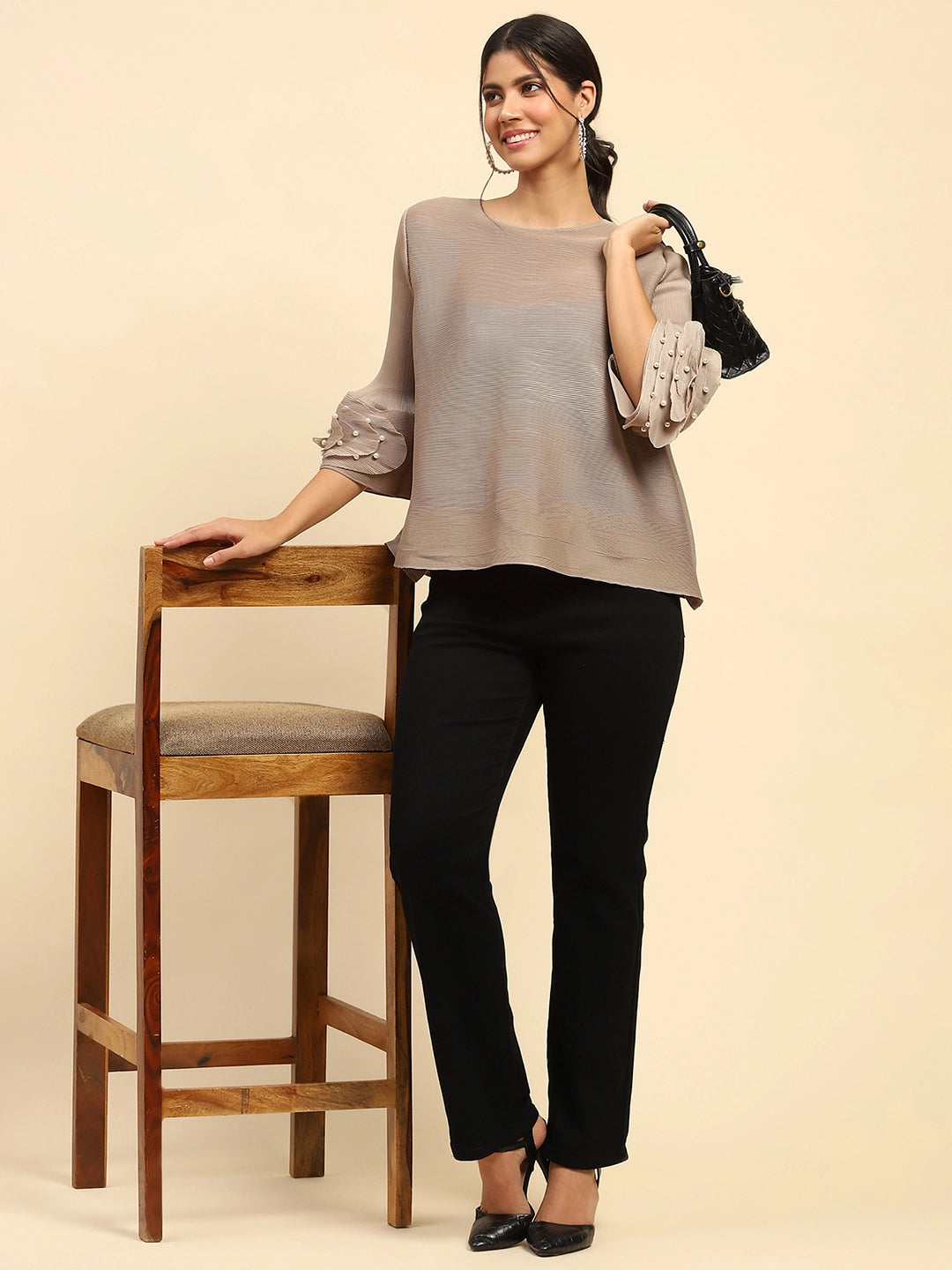 Beige Solid Loose Fit Pleated Blouse - Global Republic