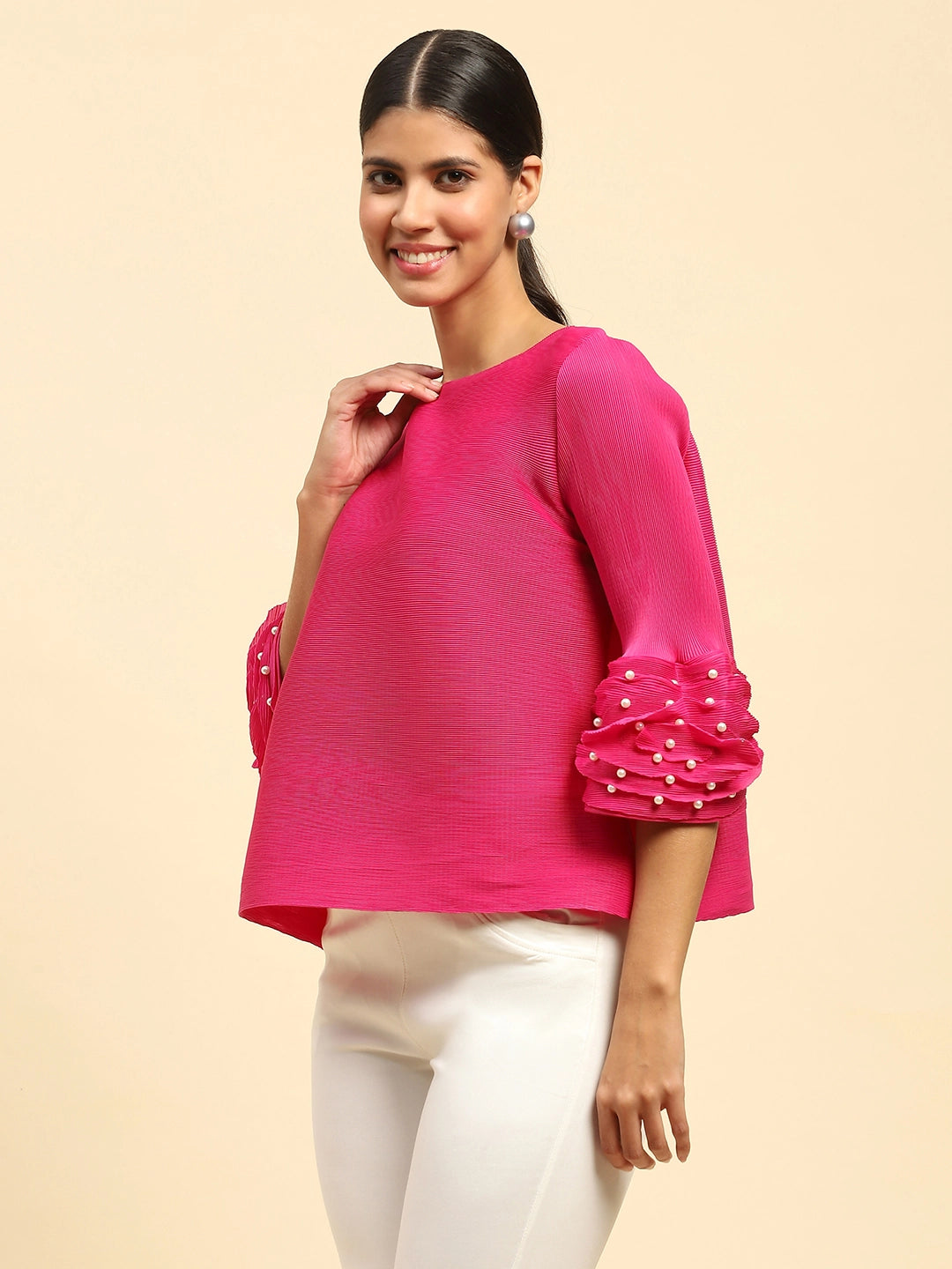 Fuchsia Solid Loose Fit Pleated Blouse - Global Republic