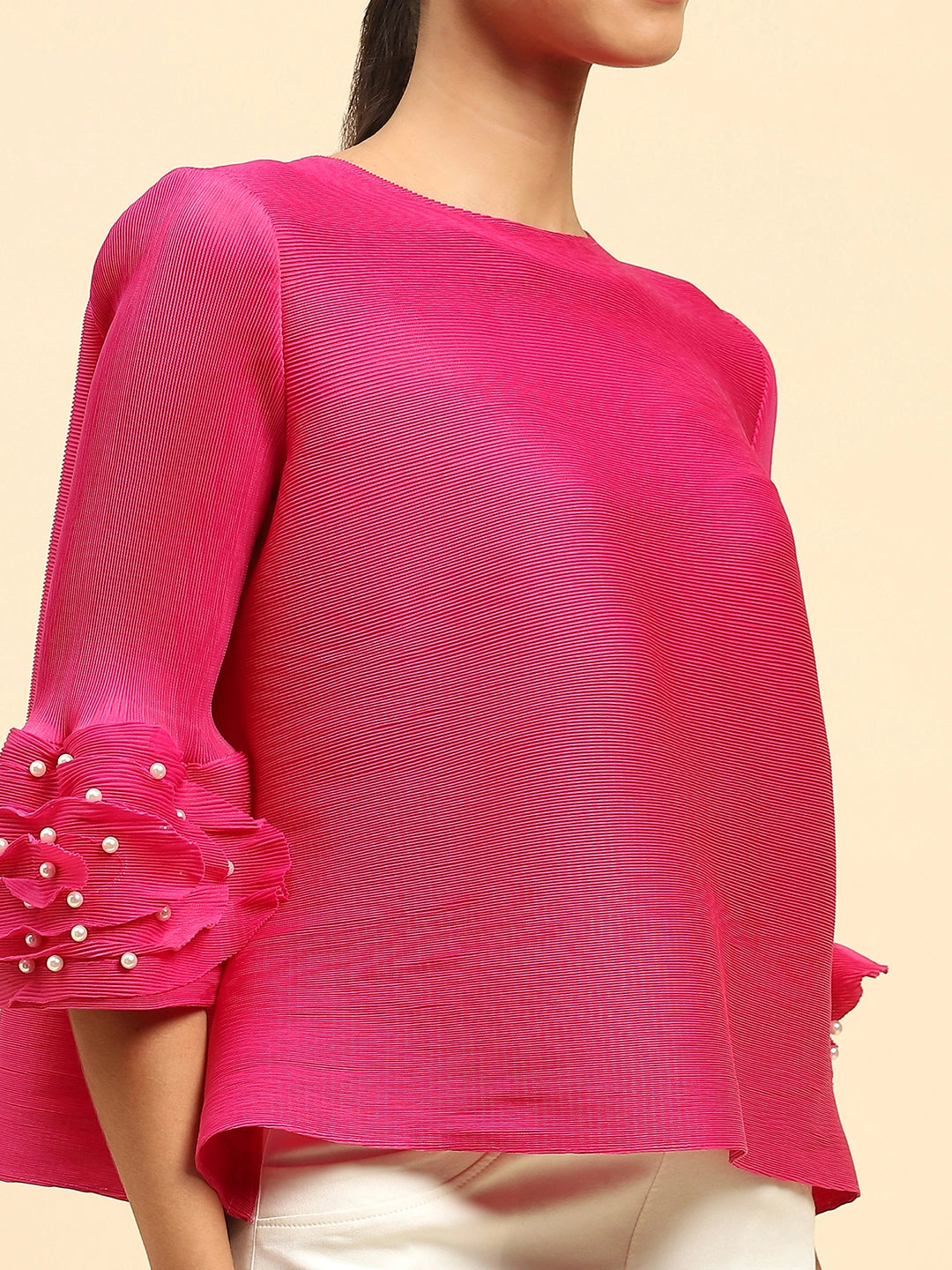 Fuchsia Solid Loose Fit Pleated Blouse - Global Republic