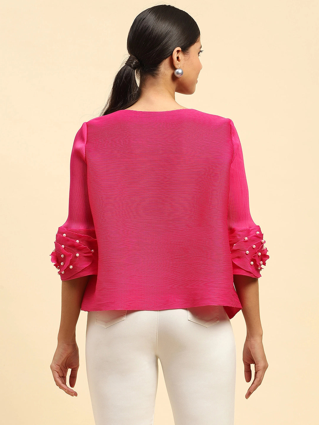 Fuchsia Solid Loose Fit Pleated Blouse - Global Republic