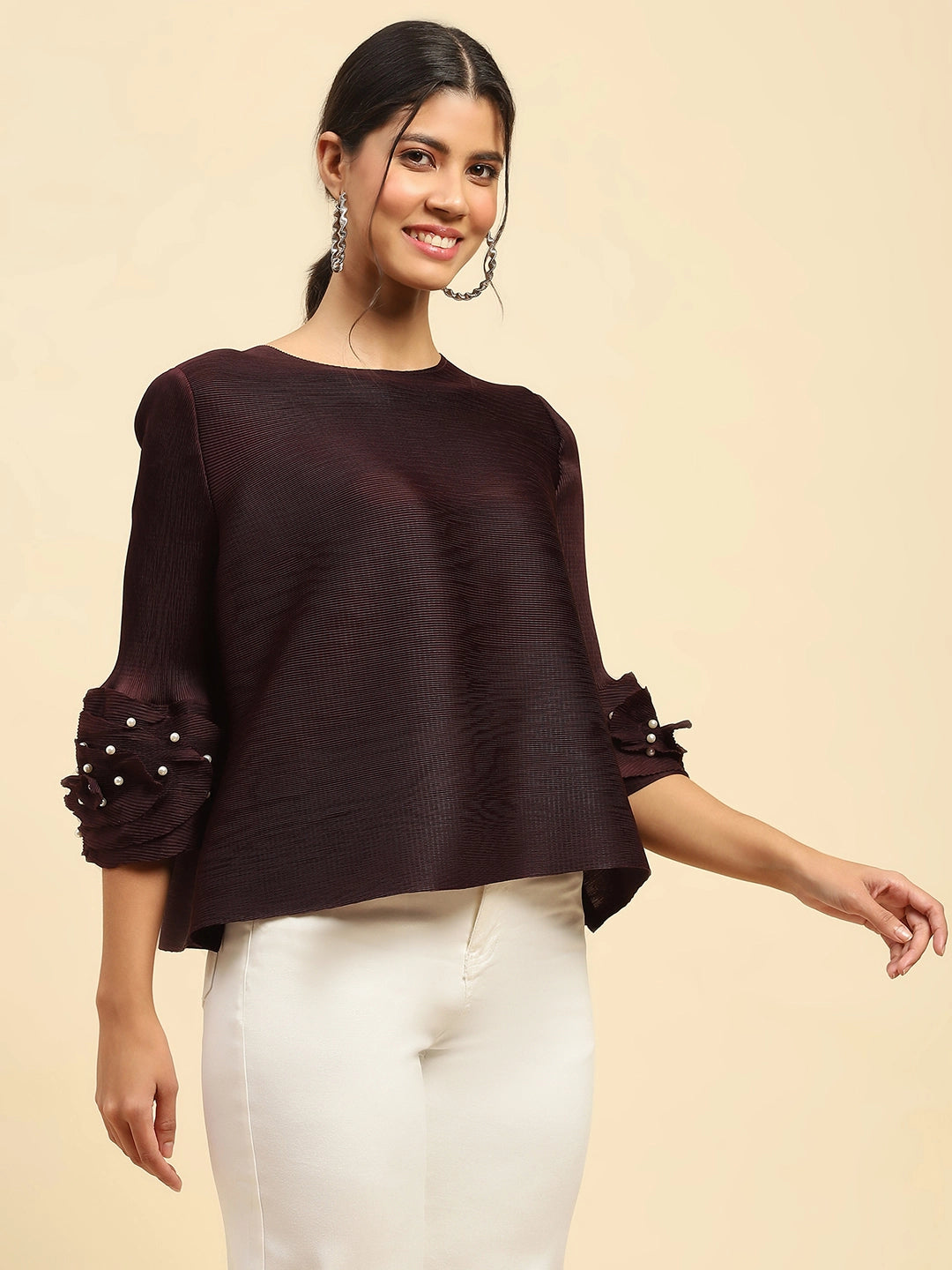 Wine Solid  Loose Fit Pleated Blouse - Global Republic