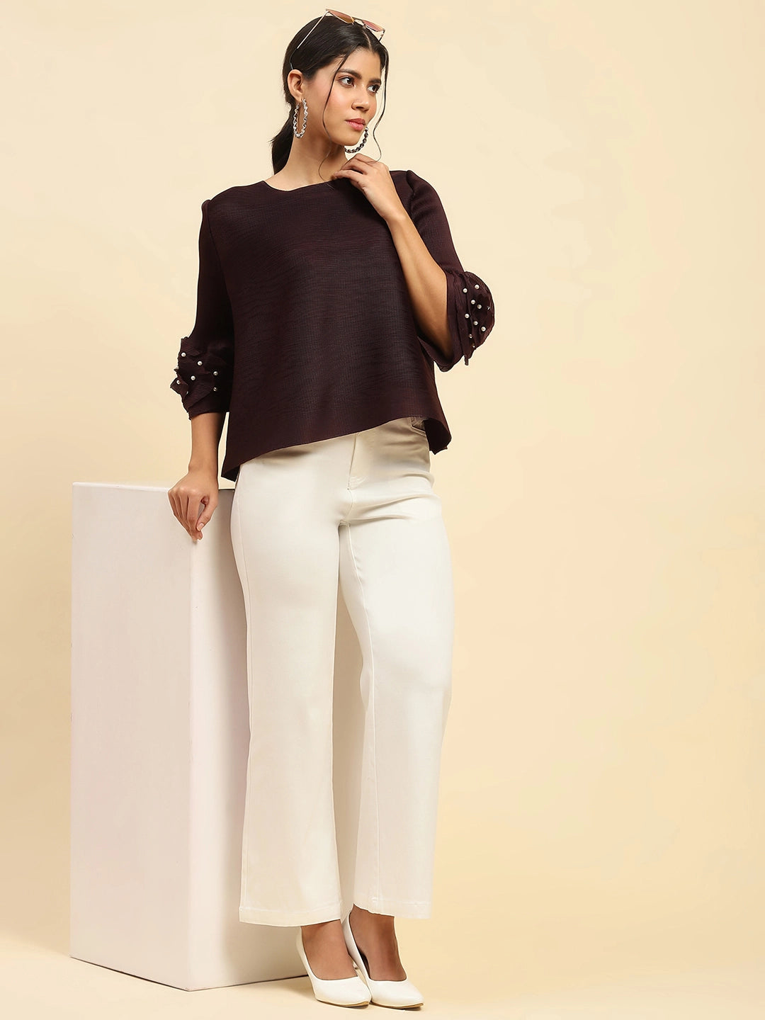 Wine Solid  Loose Fit Pleated Blouse - Global Republic