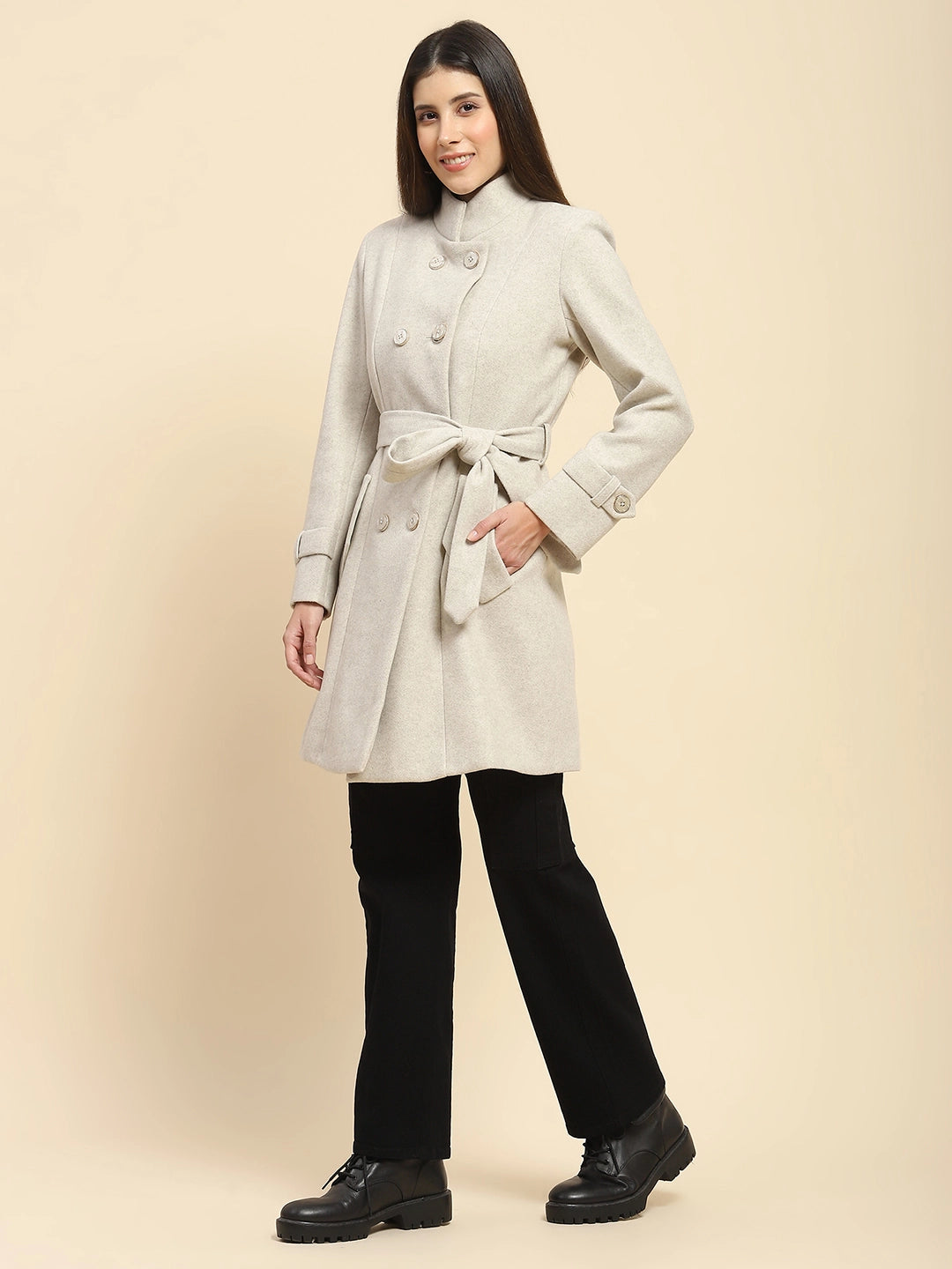 Beige Poly Blend Long Winter Coat