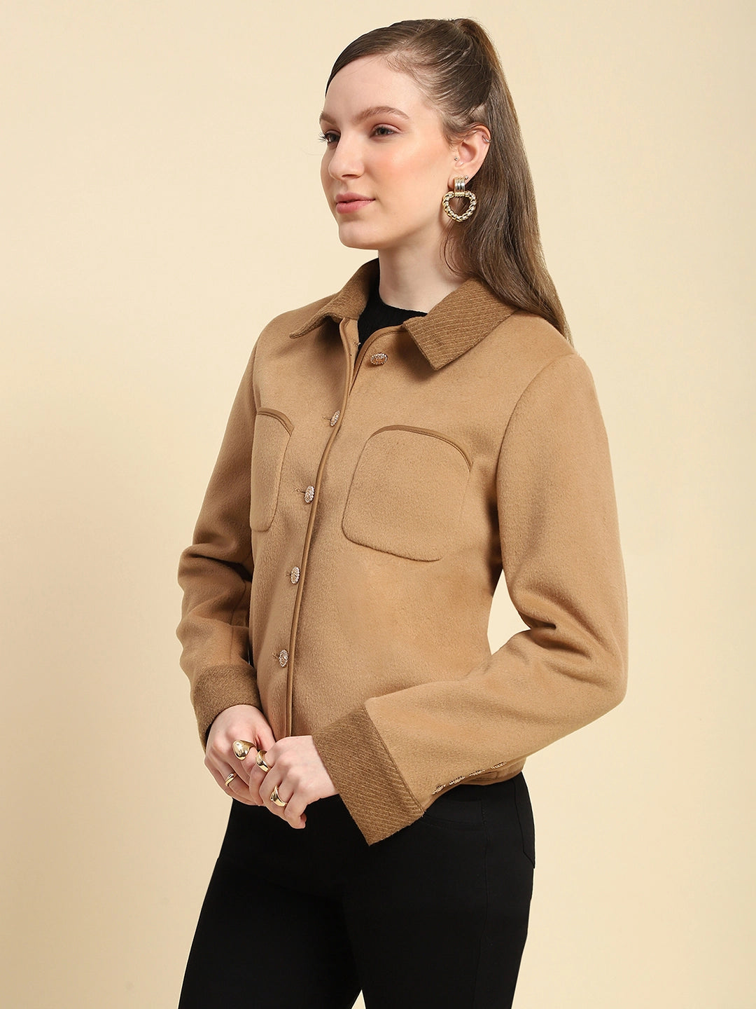 Camel Solid Poly Viscose Winter Coat