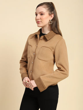 Camel Solid Poly Viscose Winter Coat