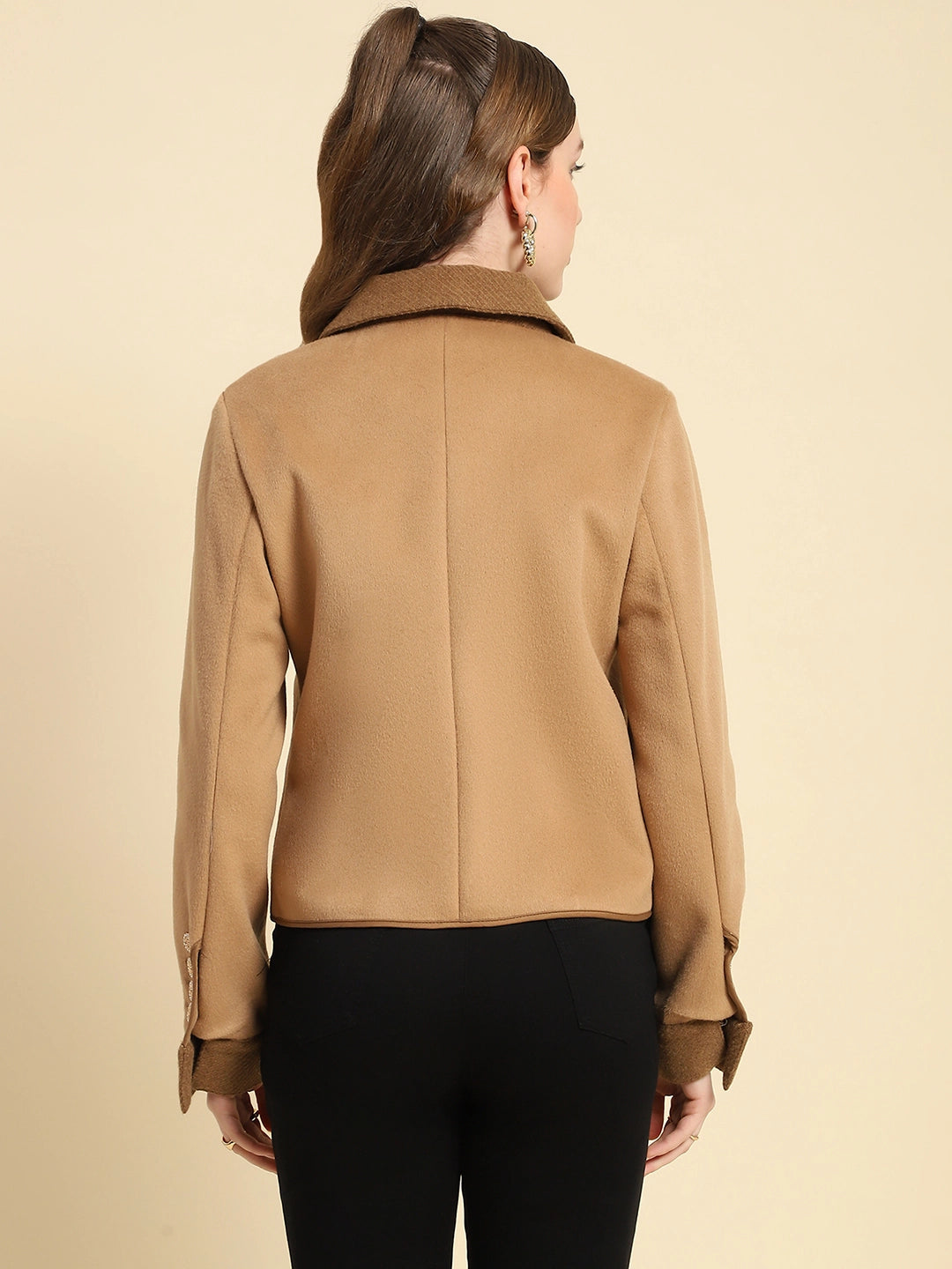 Camel Solid Poly Viscose Winter Coat