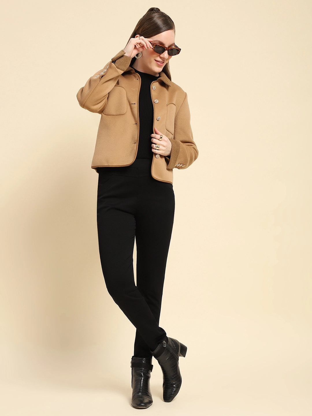 Camel Solid Poly Viscose Winter Coat