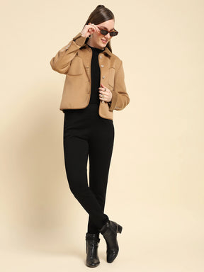 Camel Solid Poly Viscose Winter Coat