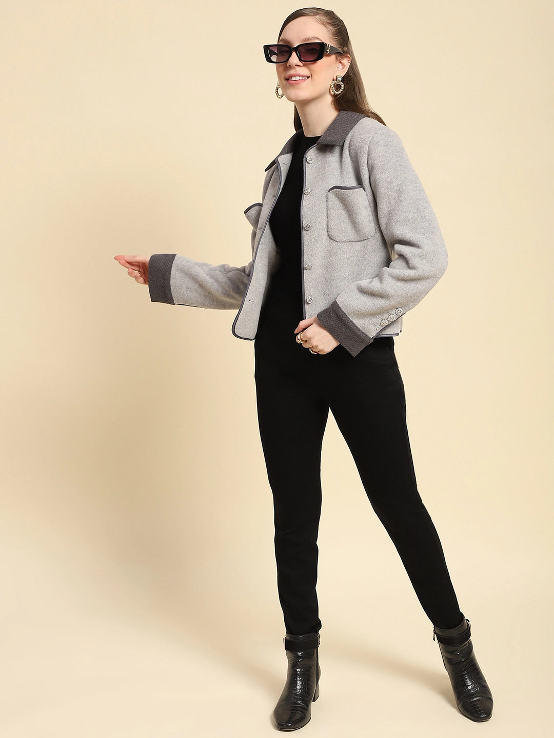Grey Solid Poly Viscose Winter Coat