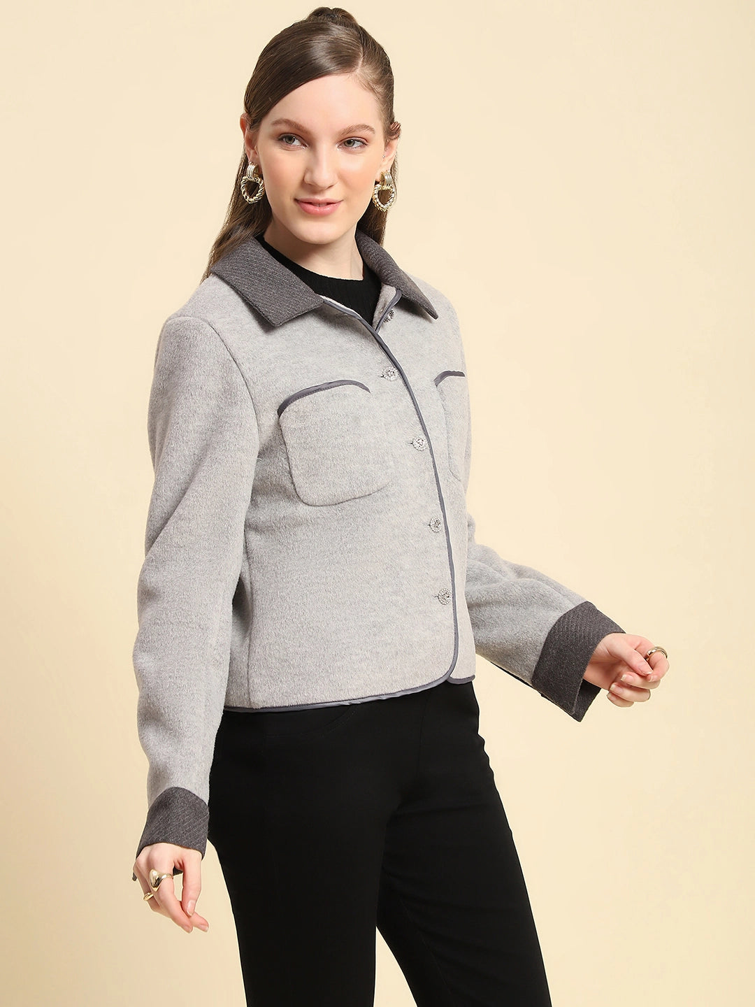Grey Solid Poly Viscose Winter Coat