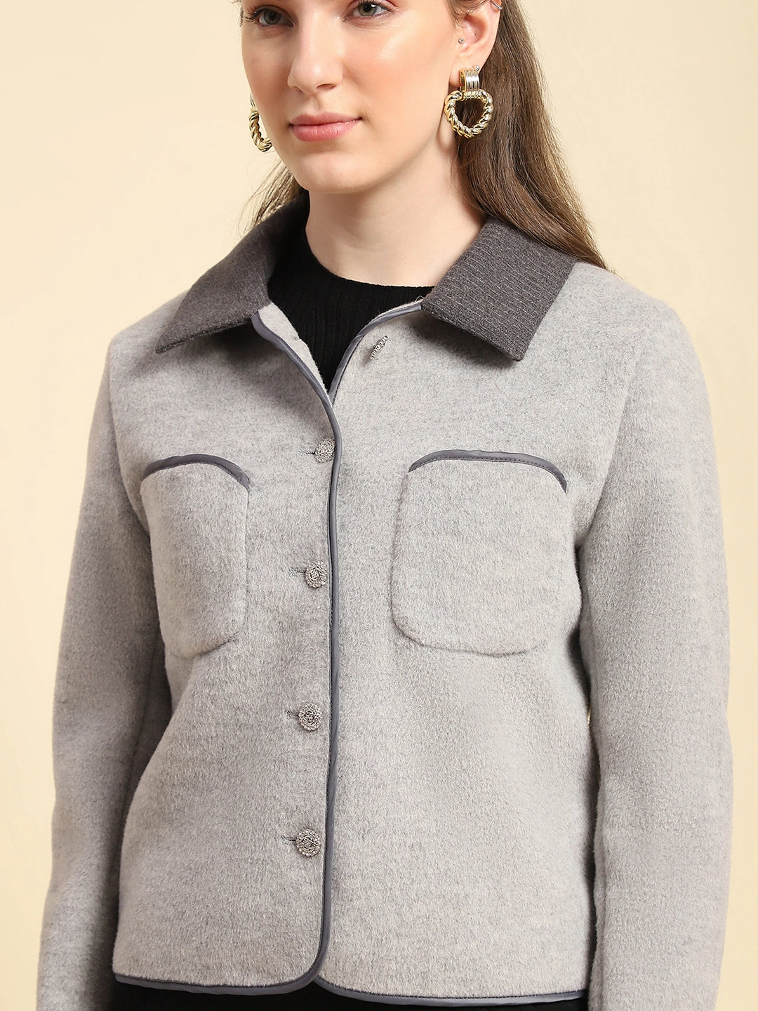 Grey Solid  Viscose Winter Coat - Global Republic