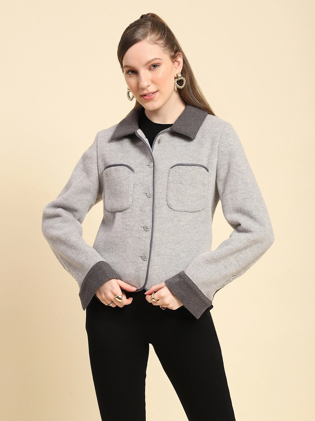 Grey Solid  Viscose Winter Coat - Global Republic