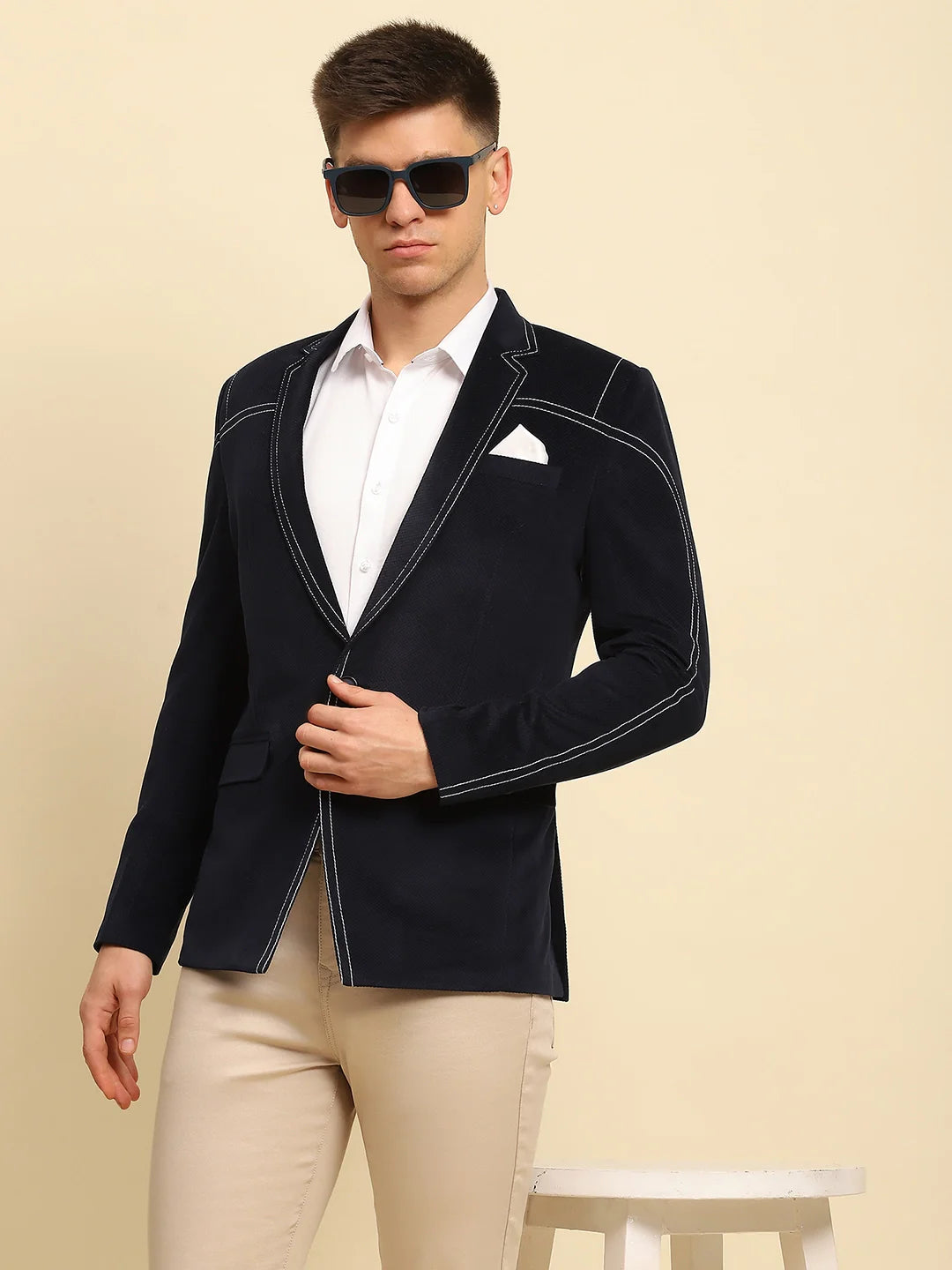 Navy Poly Blend Textured Coat