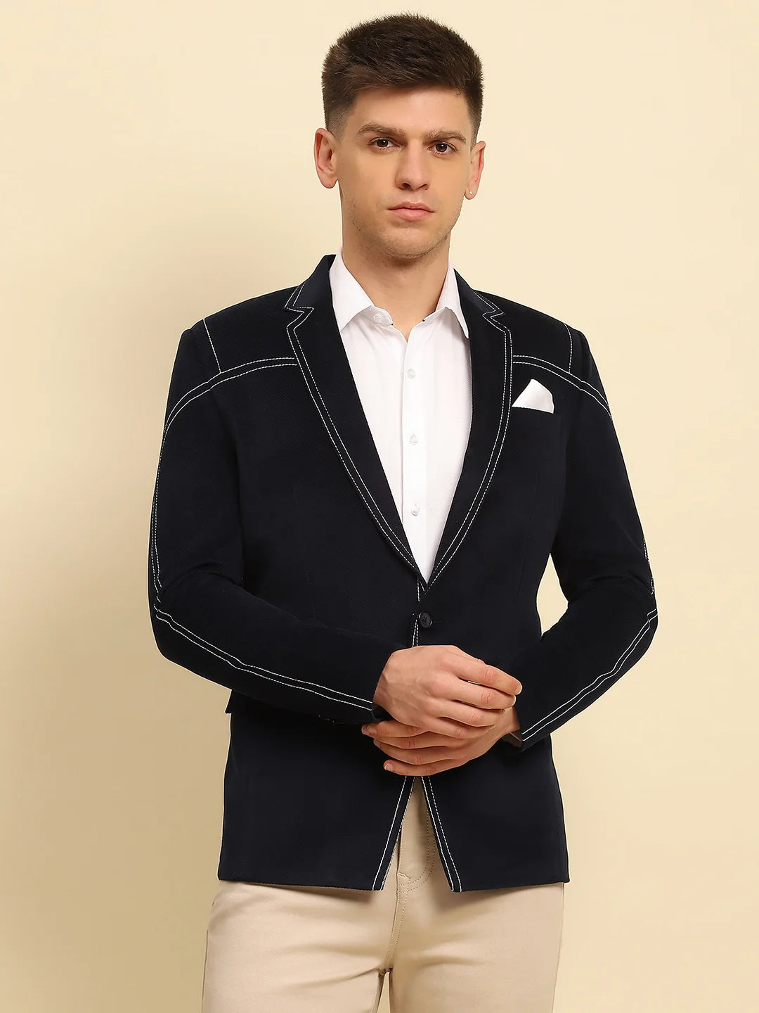 Navy Poly Blend Textured Coat