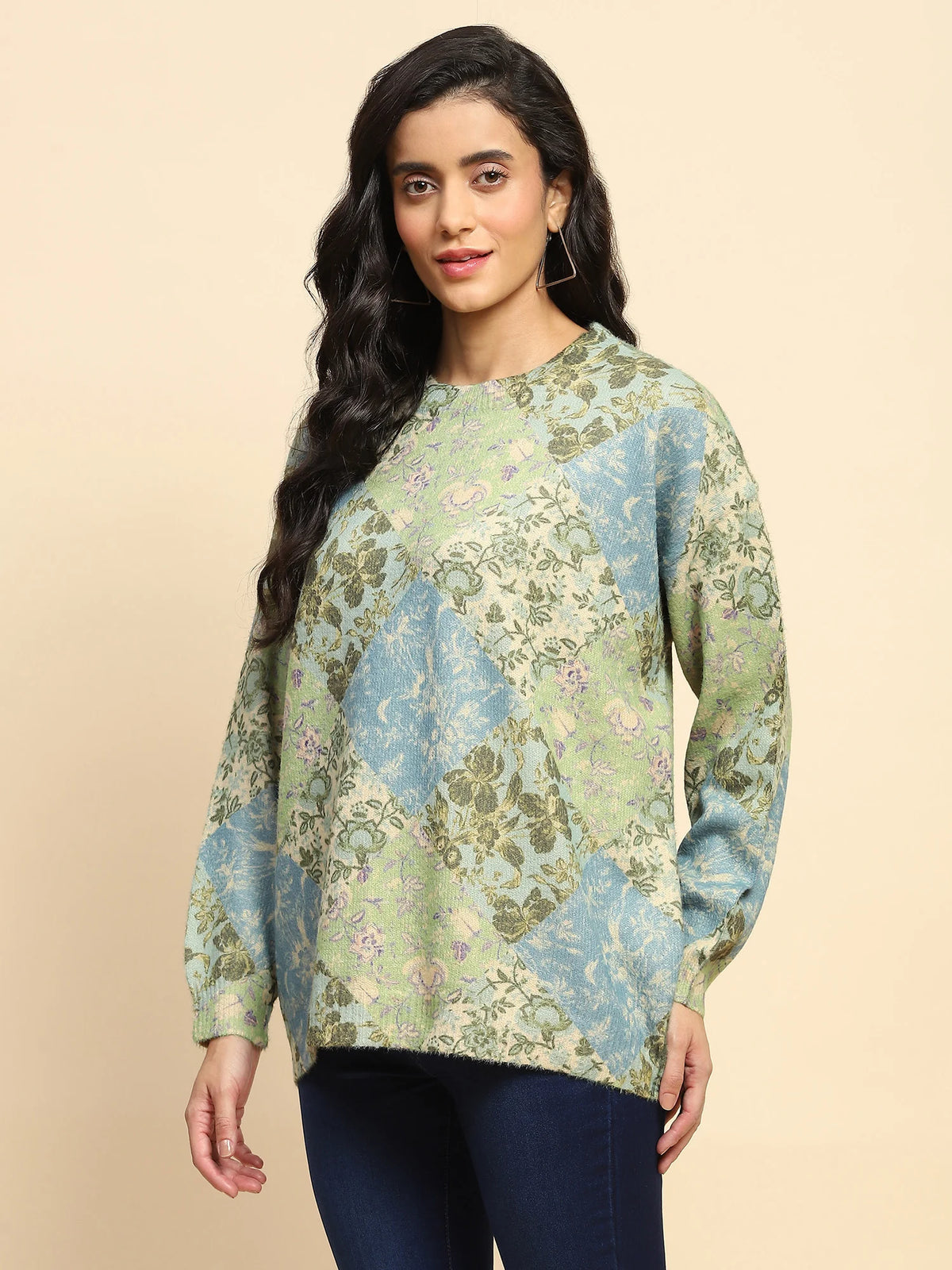Green Polyester Blend Relaxed Fit Pullover For Winter