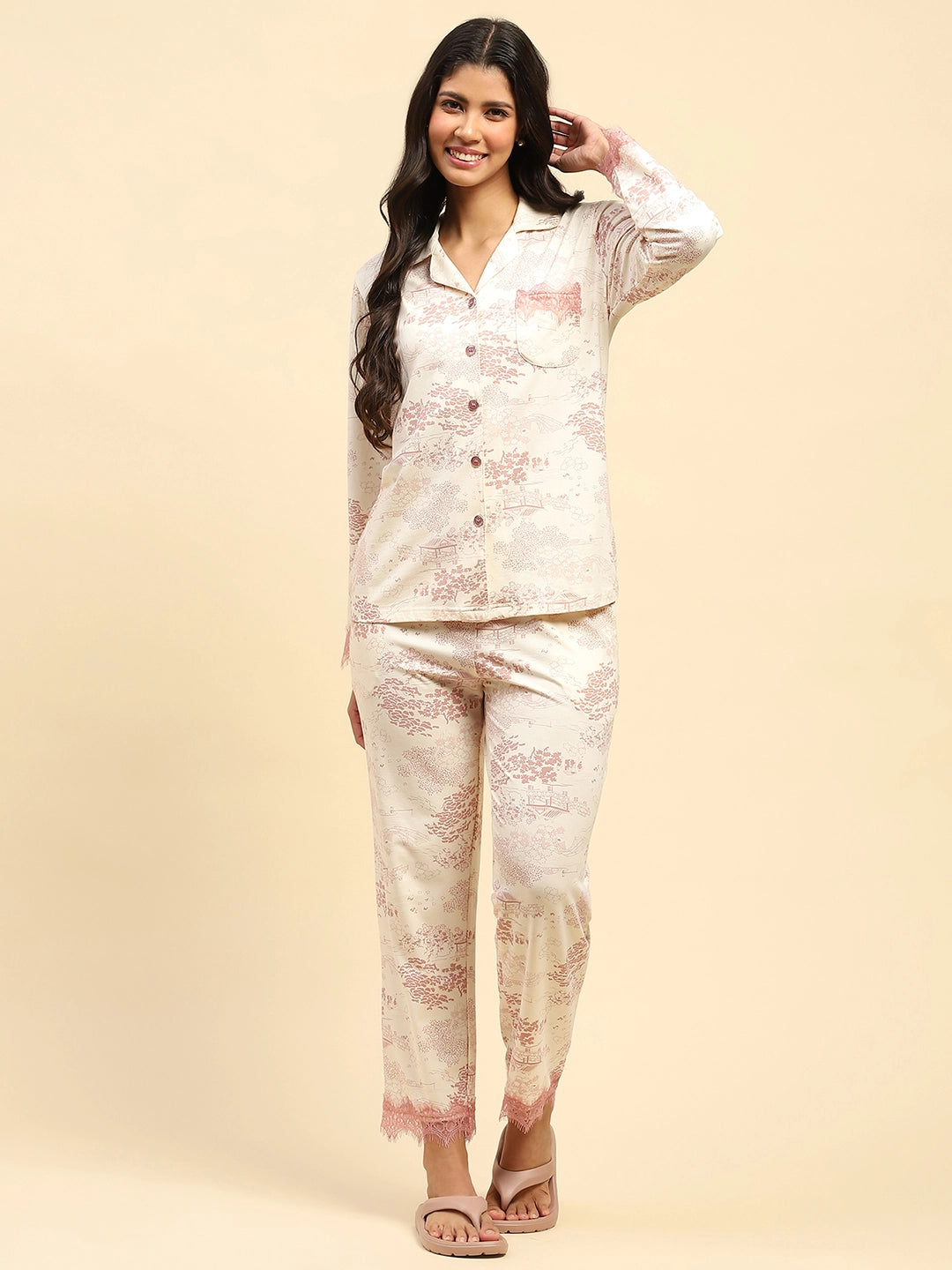 Blush Pink Floral Cotton Blend Relaxed Fit Night Suit - Global Republic