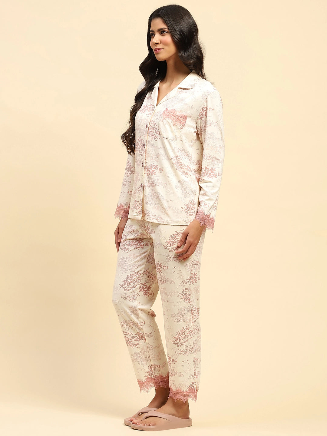 Blush Pink Floral Cotton Blend Relaxed Fit Night Suit - Global Republic
