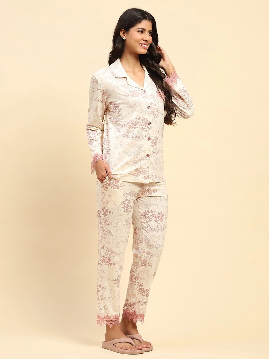 Blush Pink Floral Cotton Blend Relaxed Fit Night Suit - Global Republic