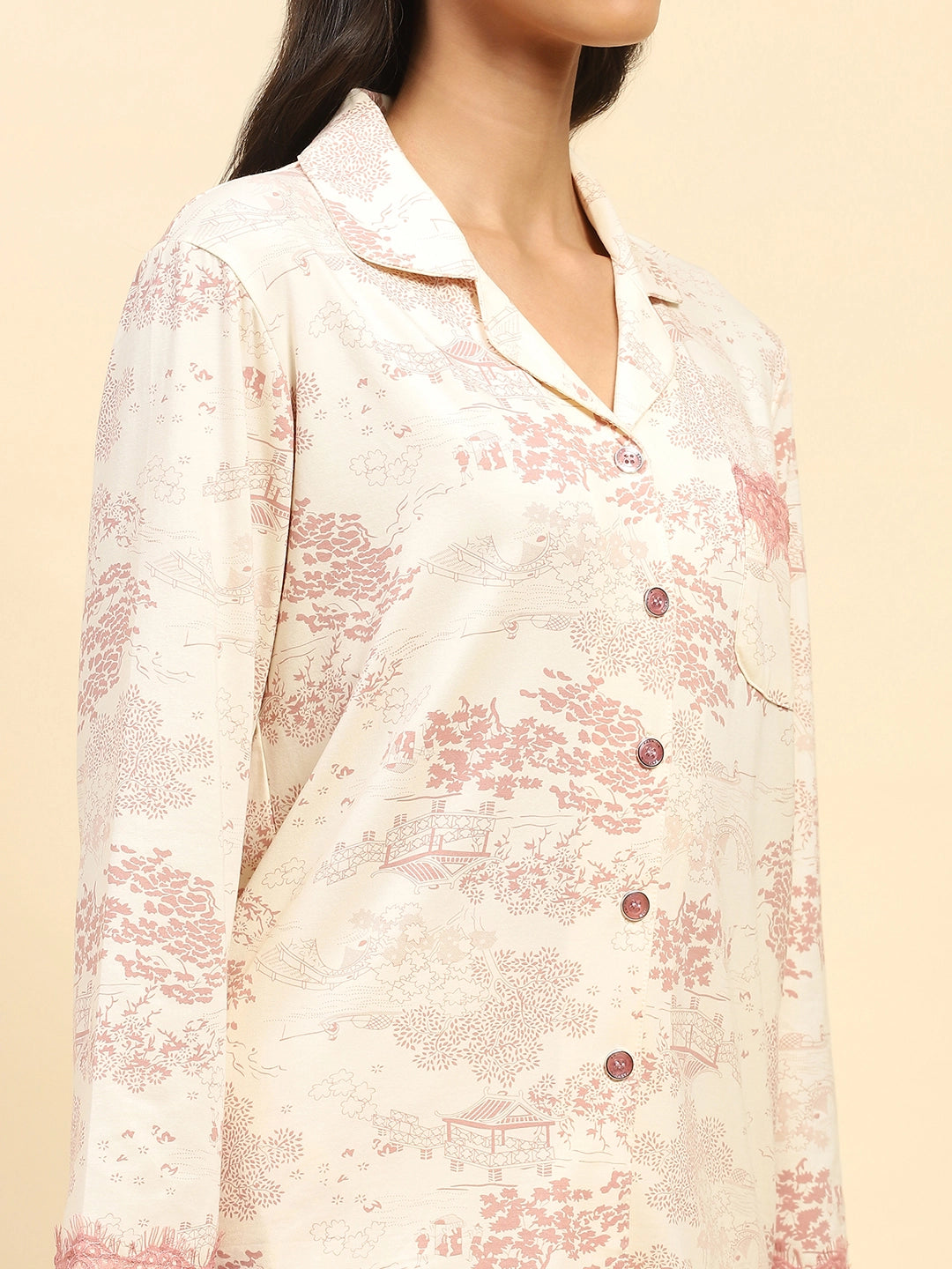 Blush Pink Floral Cotton Blend Relaxed Fit Night Suit - Global Republic