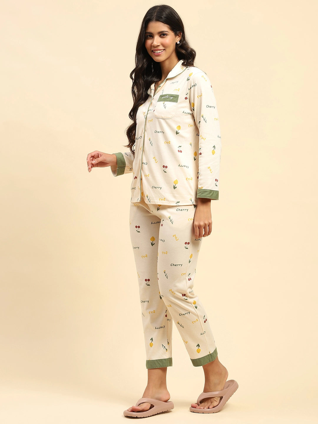 Cream Typography Cotton Blend Nightsuit - Global Republic