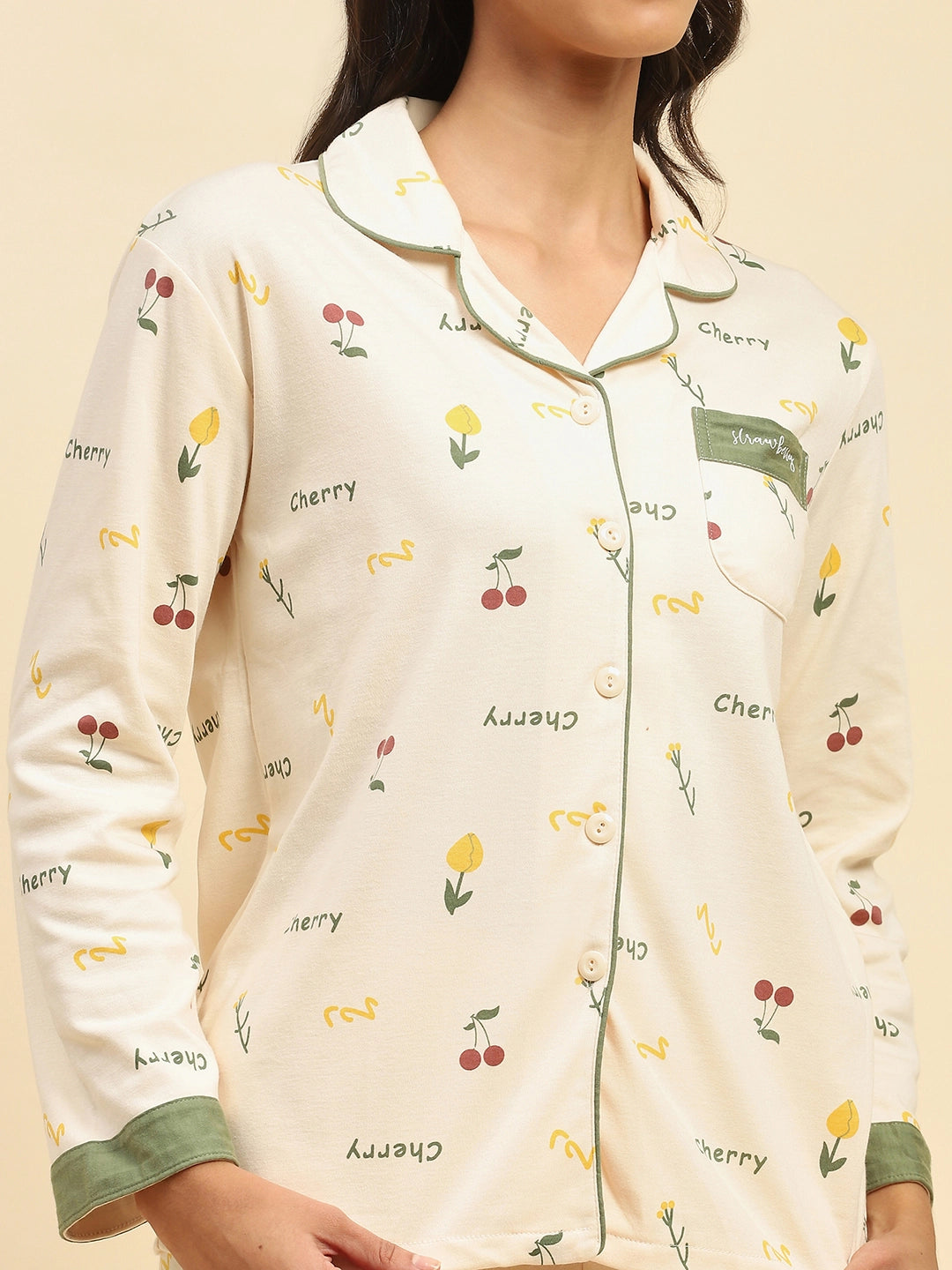 Cream Typography Cotton Blend Nightsuit - Global Republic