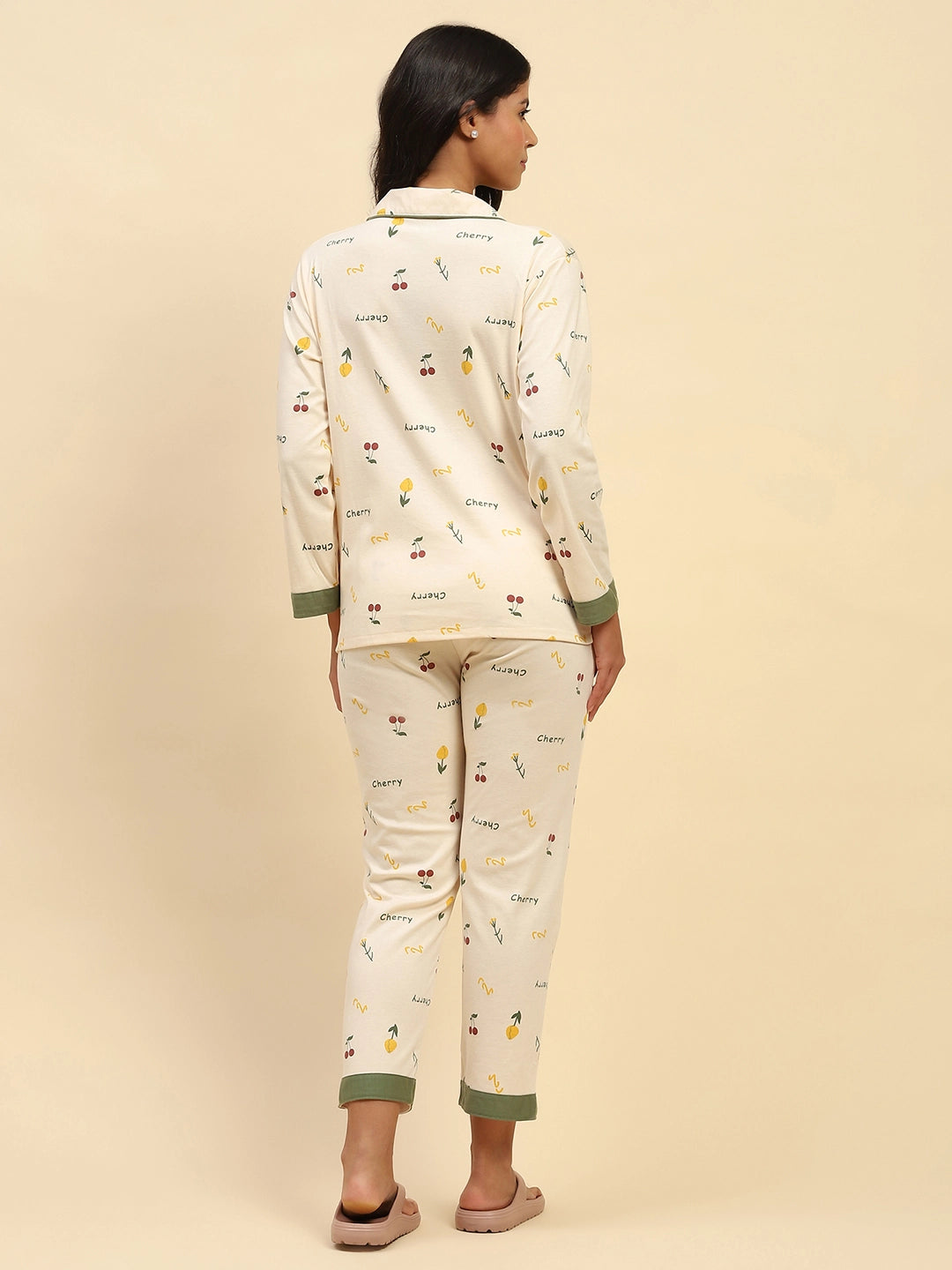 Cream Typography Cotton Blend Nightsuit - Global Republic
