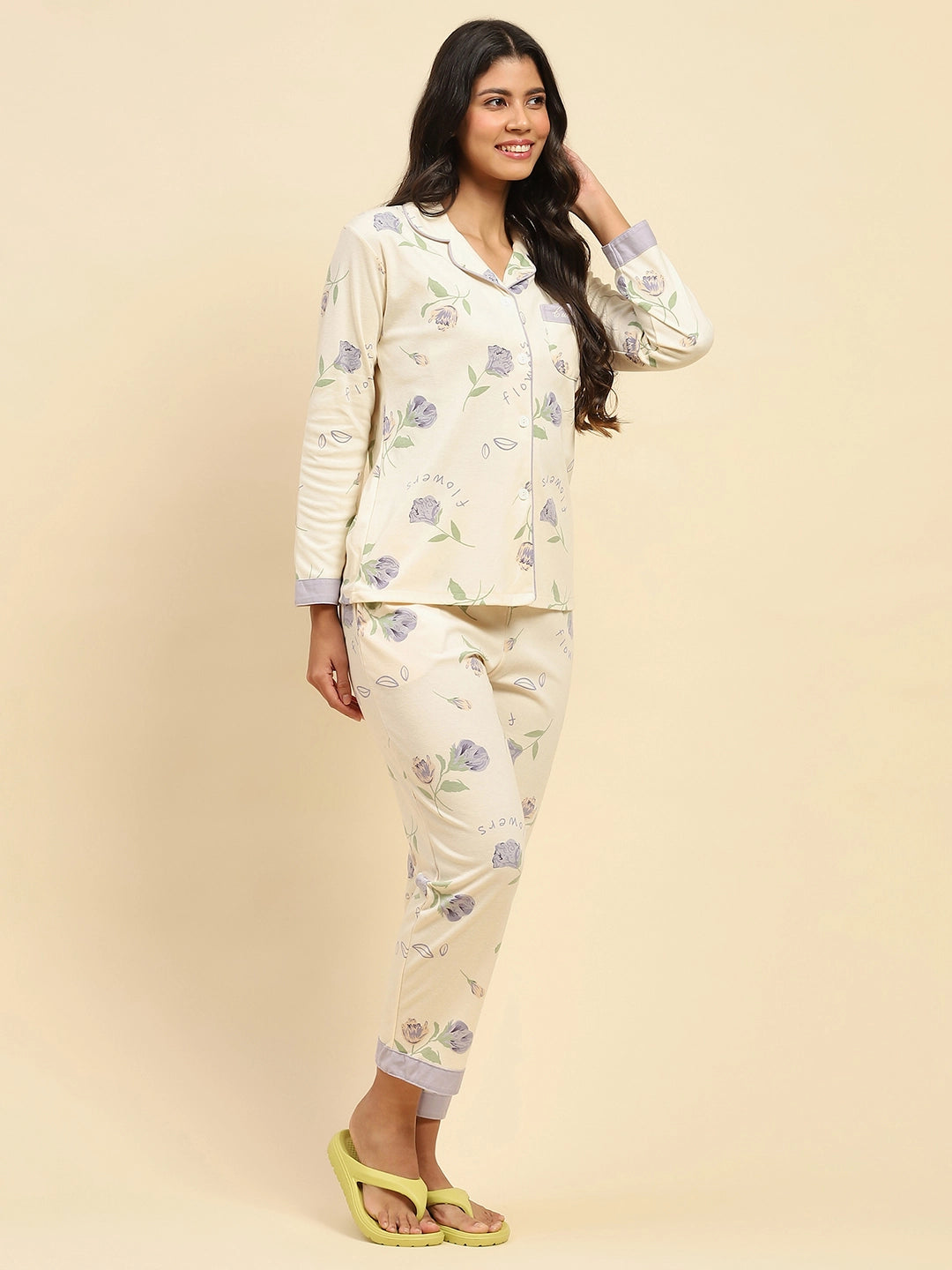 Cream Floral Cotton Blend Nightsuit - Global Republic