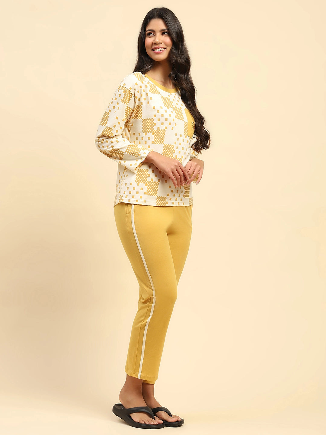 Mustard Geometric Print Cotton Nightsuit - Global Republic