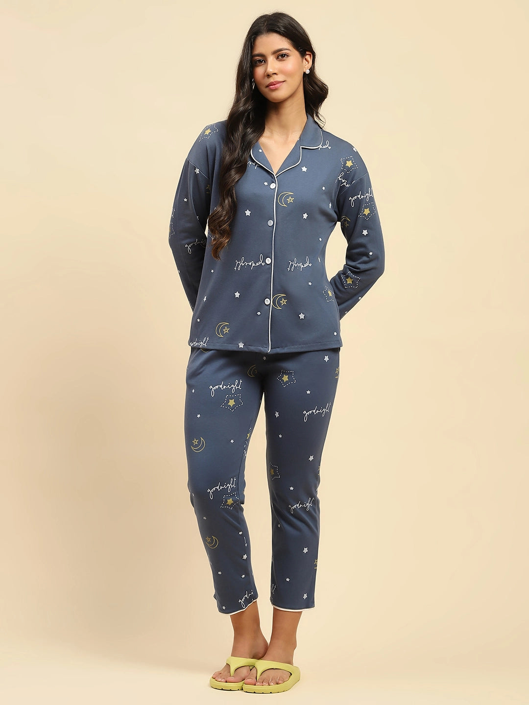 Blue Printed Cotton Blend Nightsuit - Global Republic