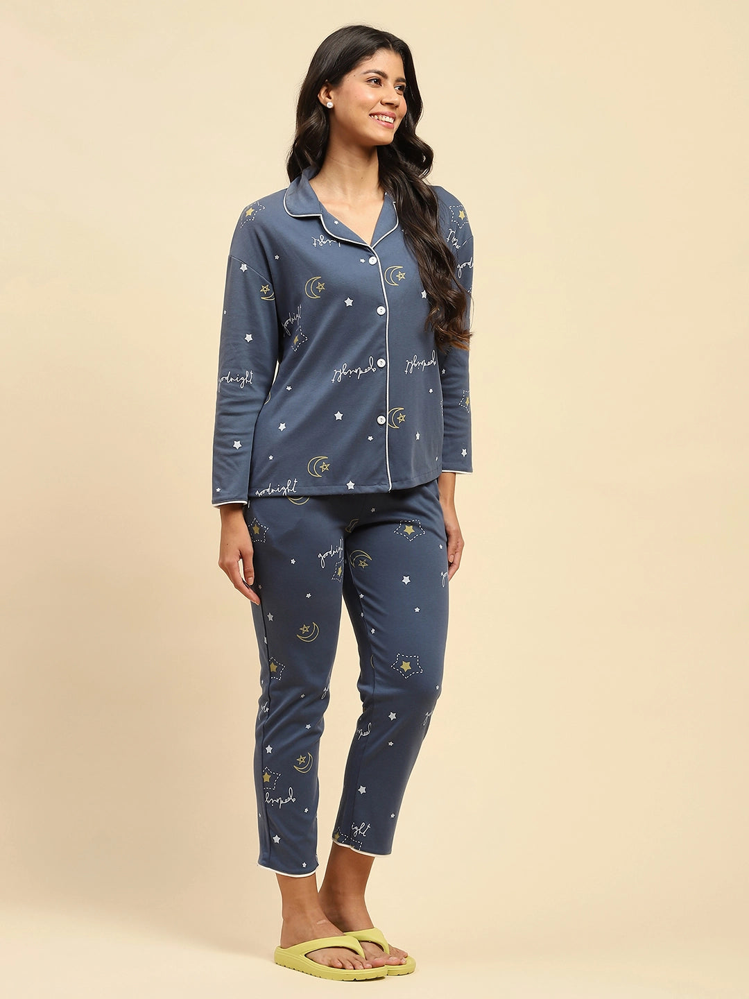 Blue Printed Cotton Blend Nightsuit - Global Republic