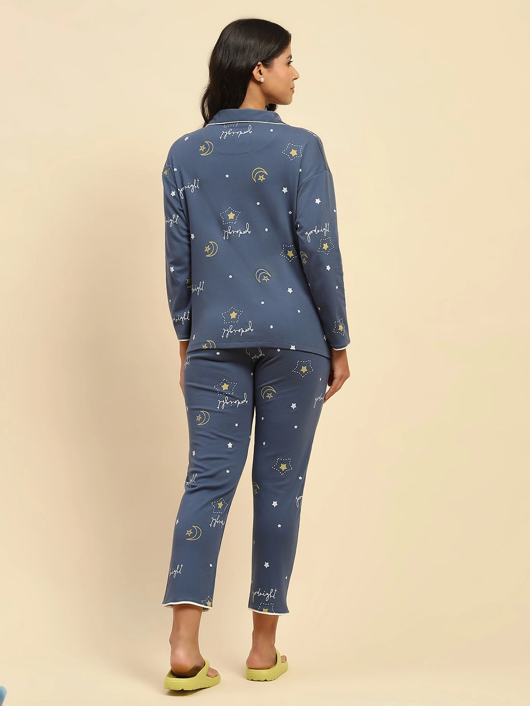 Blue Printed Cotton Blend Nightsuit - Global Republic