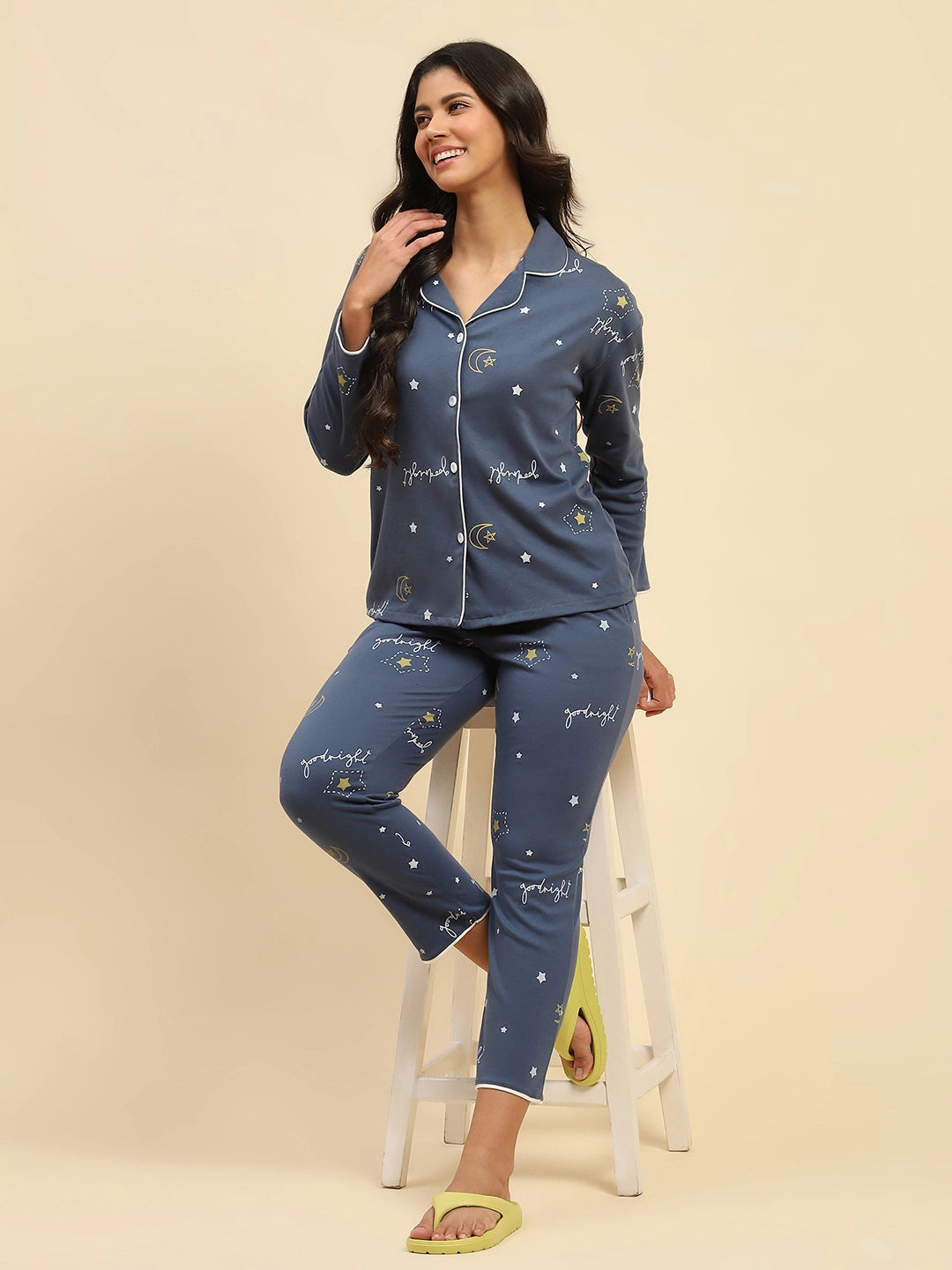 Blue Printed Cotton Blend Nightsuit - Global Republic
