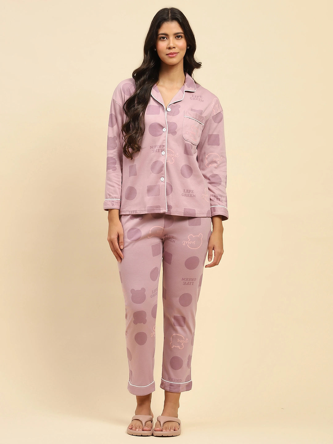 Purple Printed Cotton Blend Nightsuit - Global Republic