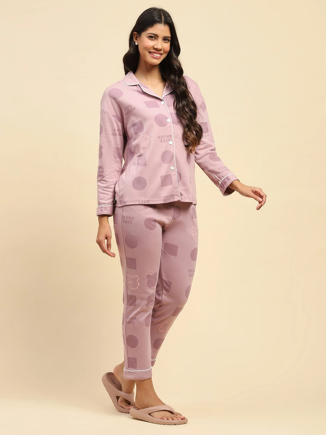 Purple Printed Cotton Blend Nightsuit - Global Republic