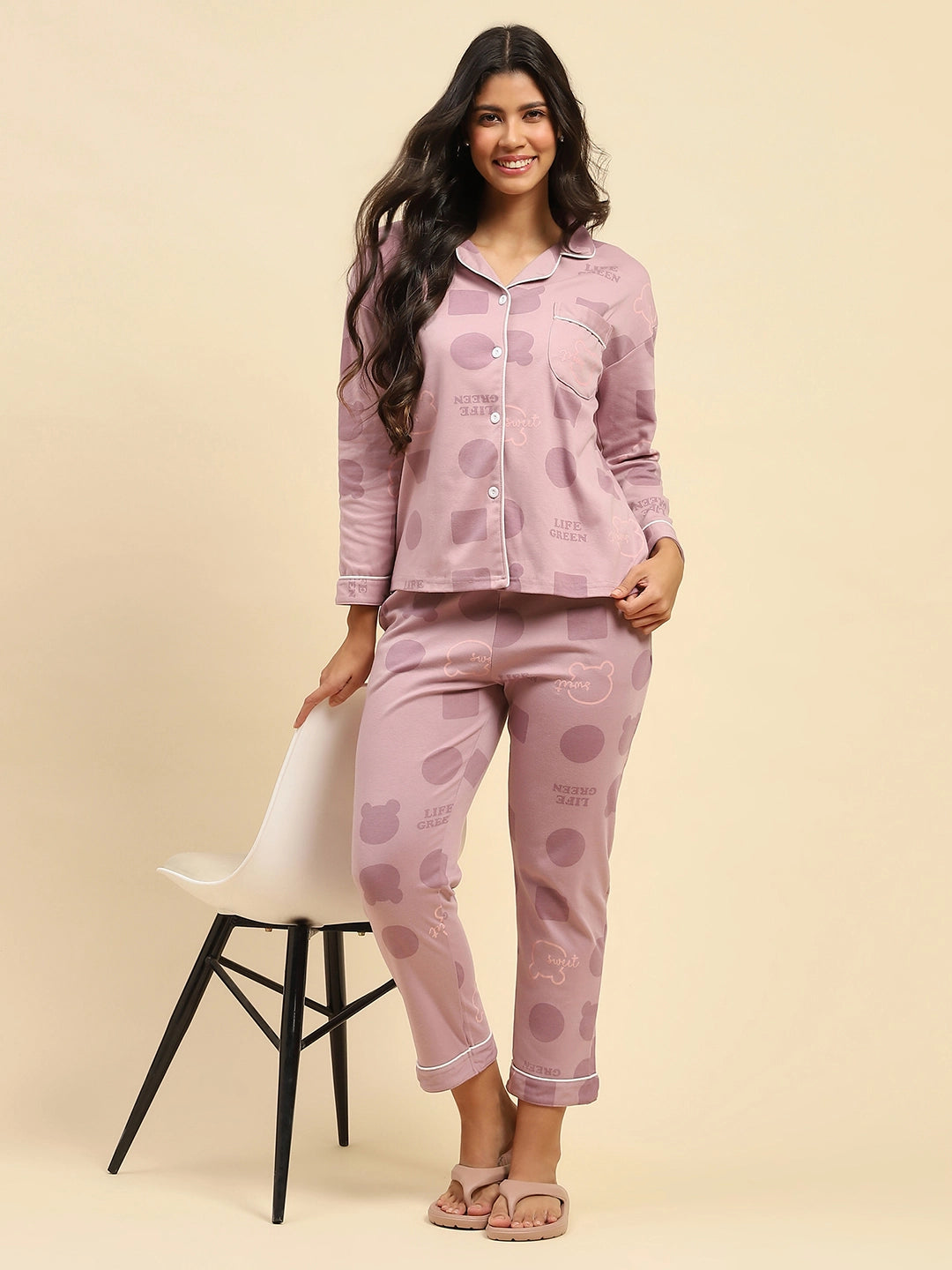 Purple Printed Cotton Blend Nightsuit - Global Republic