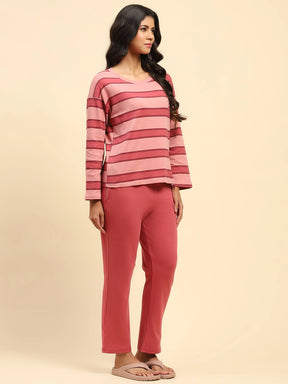 Dark Pink Striped Cotton Nightsuit
