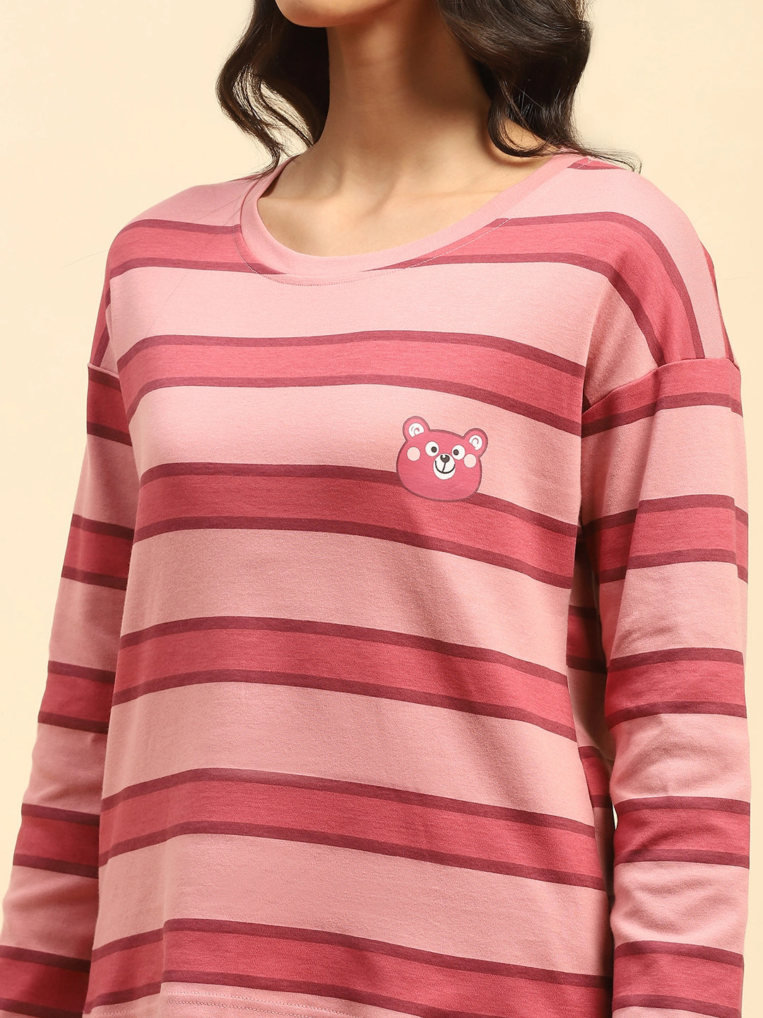 Dark Pink Striped Cotton Nightsuit