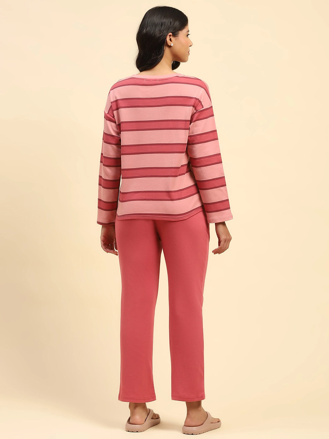 Dark Pink Striped Cotton Nightsuit