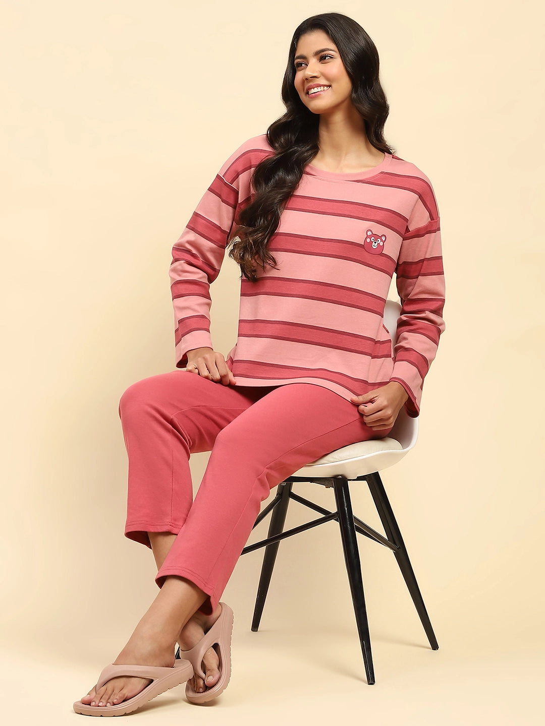 Dark Pink Striped Cotton Nightsuit