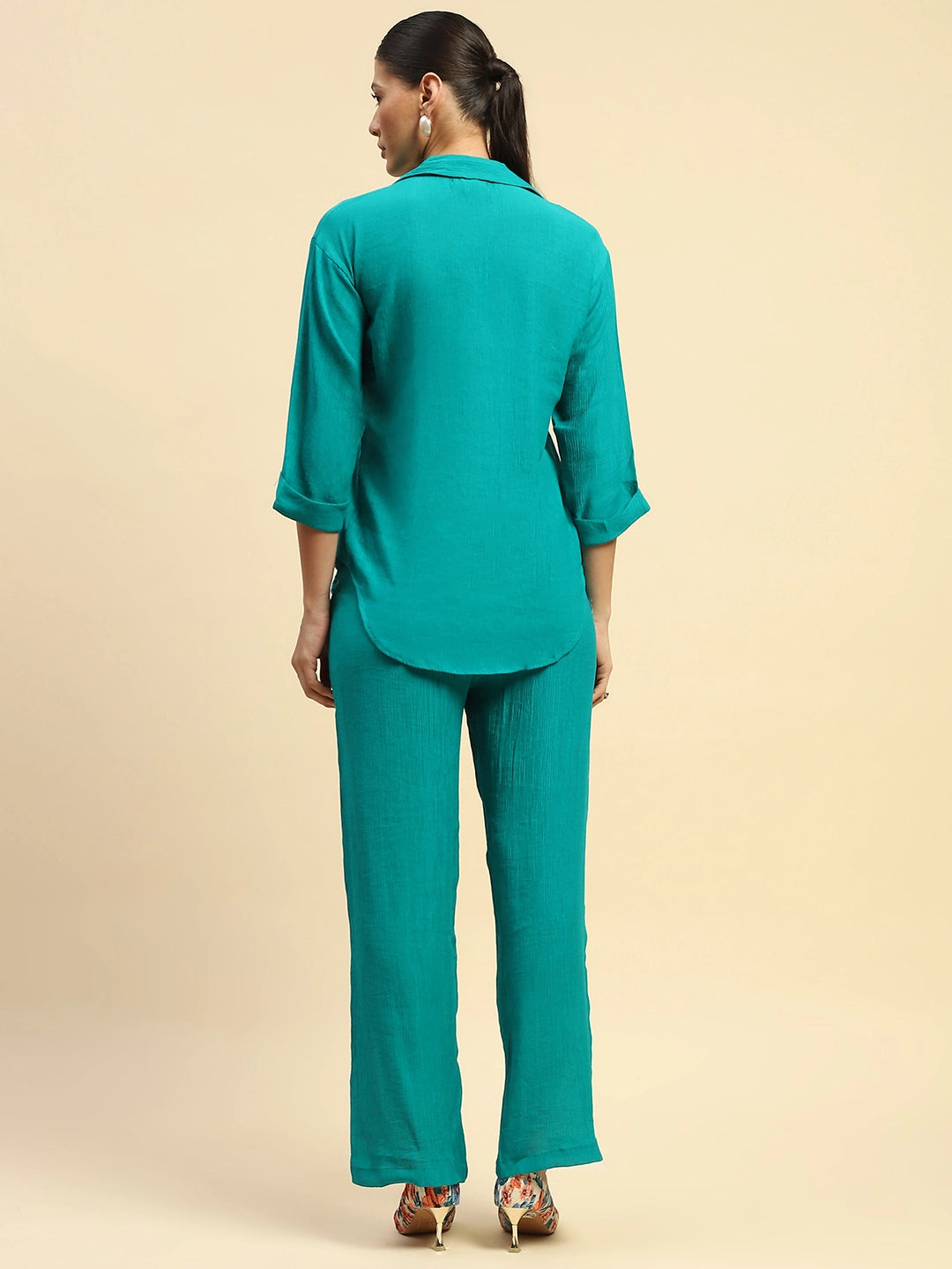Sea Green Embroidered  Viscose Relaxed Fit Co-ord Set - Global Republic
