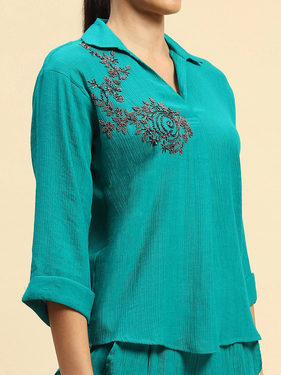 Sea Green Embroidered  Viscose Relaxed Fit Co-ord Set - Global Republic