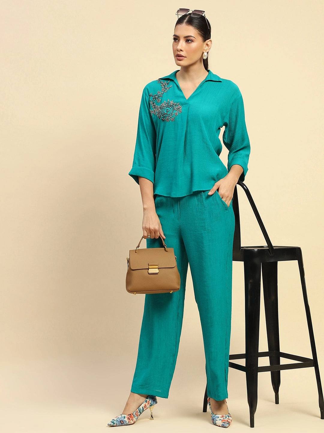 Sea Green Embroidered  Viscose Relaxed Fit Co-ord Set - Global Republic