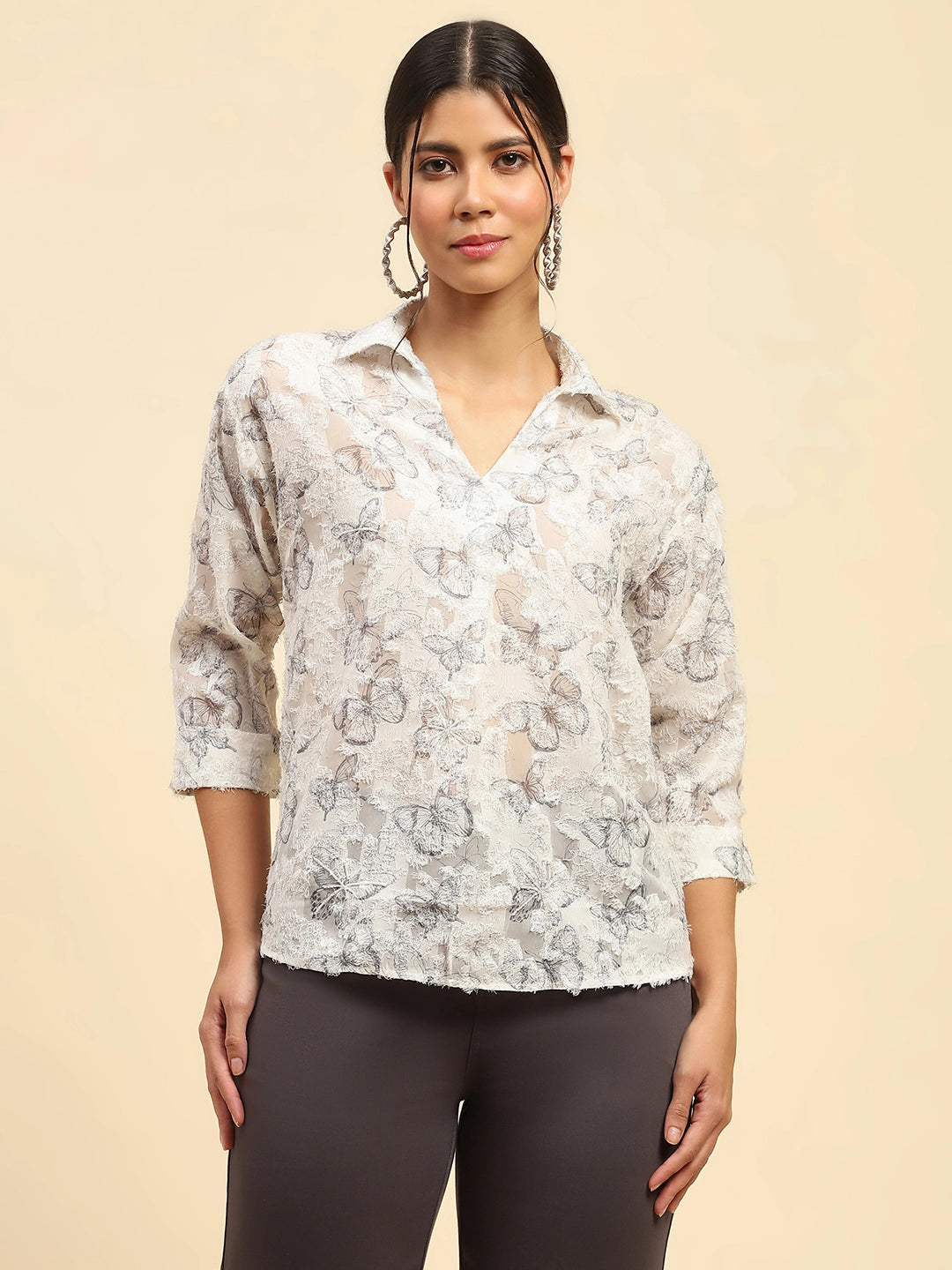 White Butterfly Print  Top - Global Republic