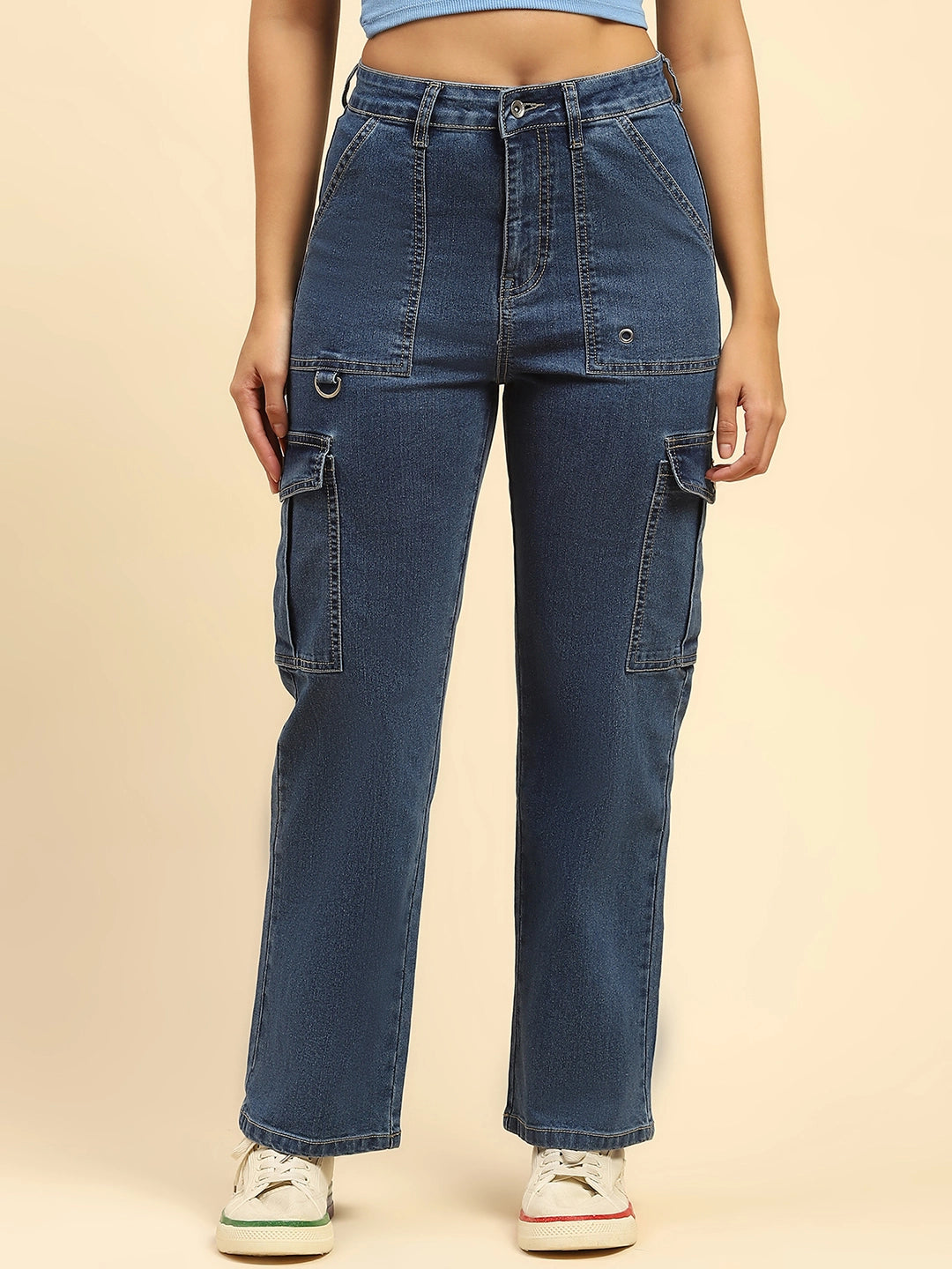 Blue Solid Cotton Blend Cargo - Global Republic