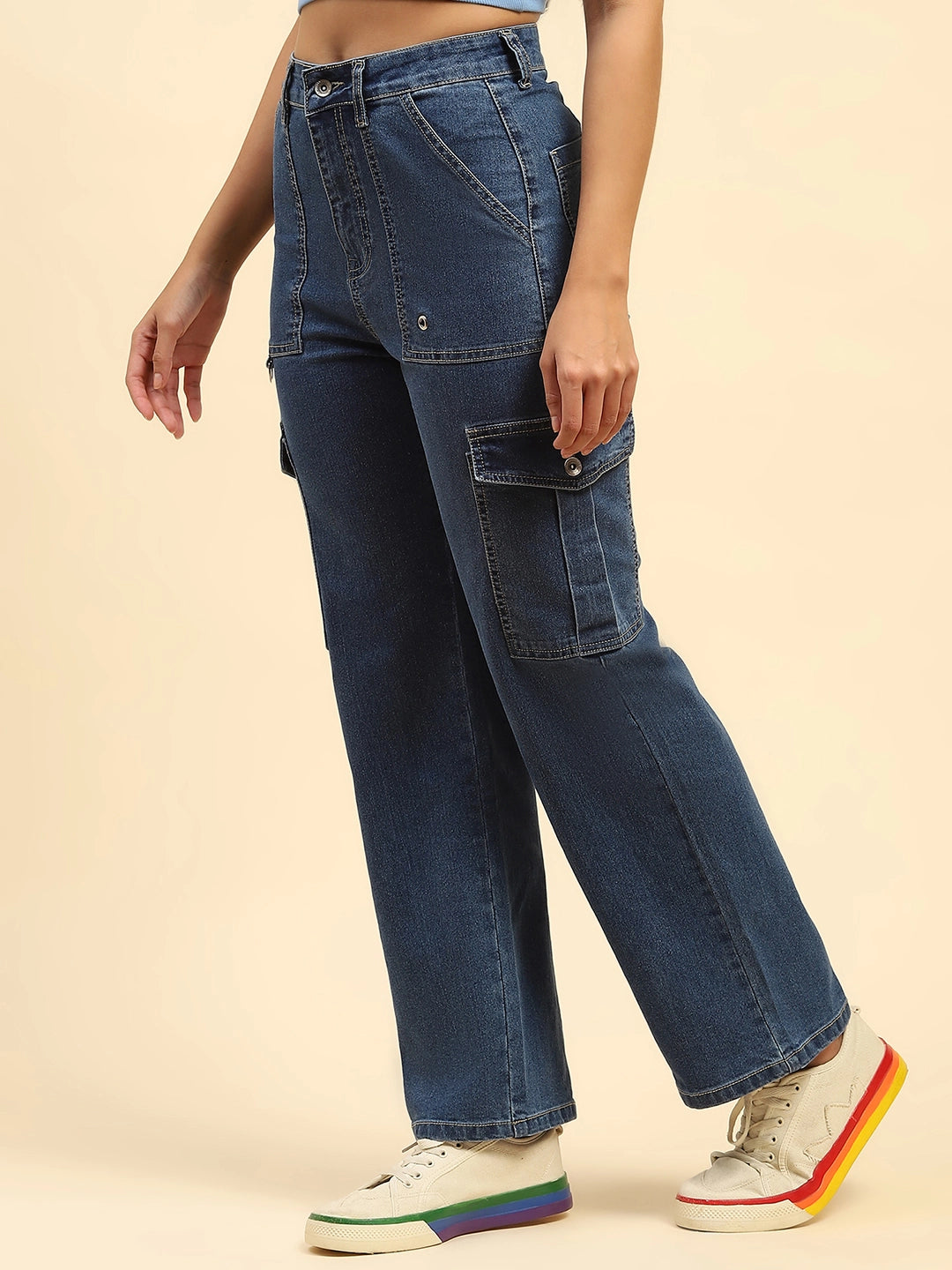 Blue Solid Cotton Blend Cargo - Global Republic